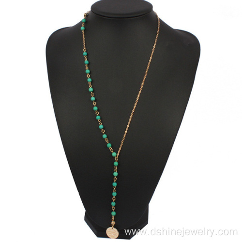 Turquoise Bead Long Gold Chain Necklace With Tiny Charm